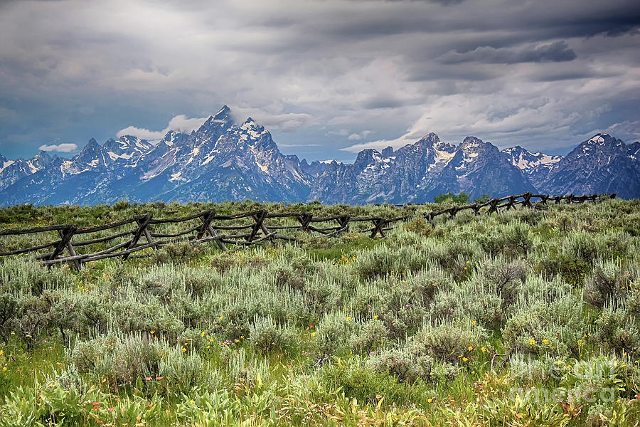 Mountain Photograph - Stormy Grand Tetons and a Fence by Teresa Zieba