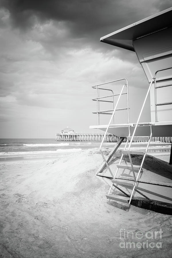 Stormy Huntington Beach Black and White Photo Photograph by Paul Velgos