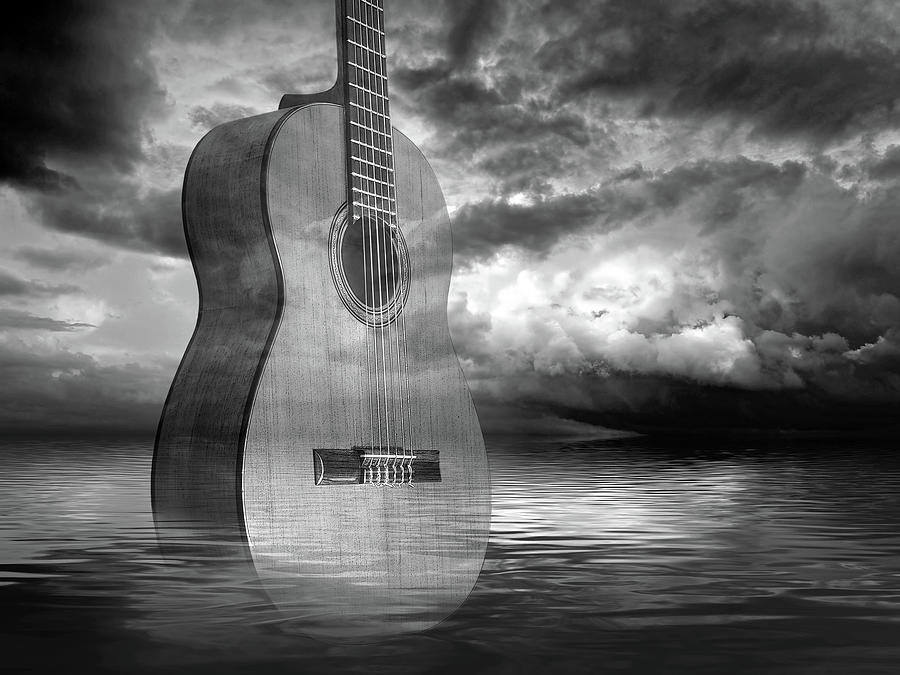 Stormy Night Blues - Acoustic Guitar In Black And White Photograph by Gill Billington