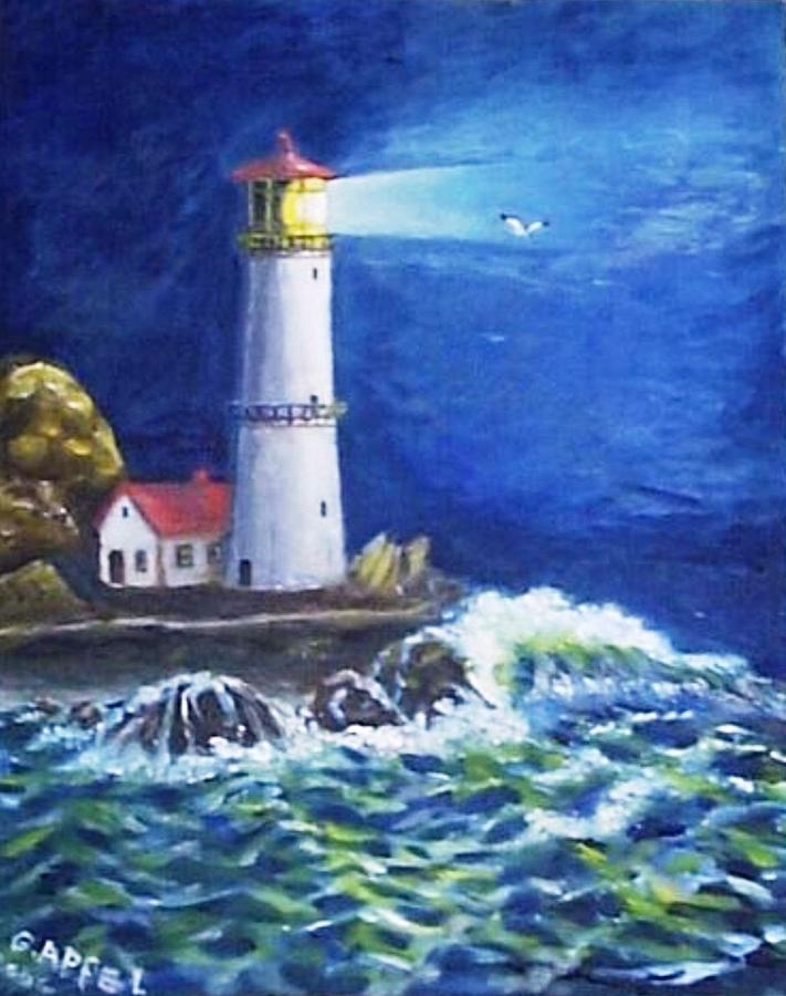 Light House Painting - Stormy Night by Gloria M Apfel