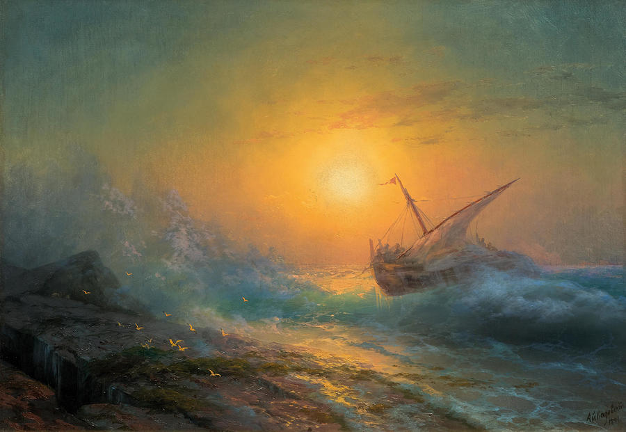 Stormy Sea at Sunset Painting by Ivan Konstantinovich Aivazovsky