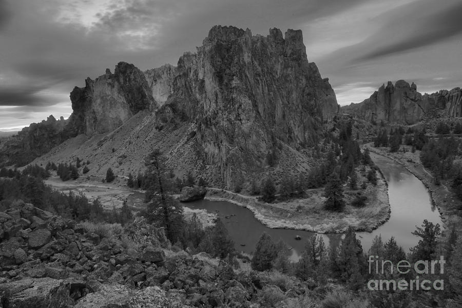 Stormy Skies Over Smith Rock - Black And White Photograph by Adam Jewell