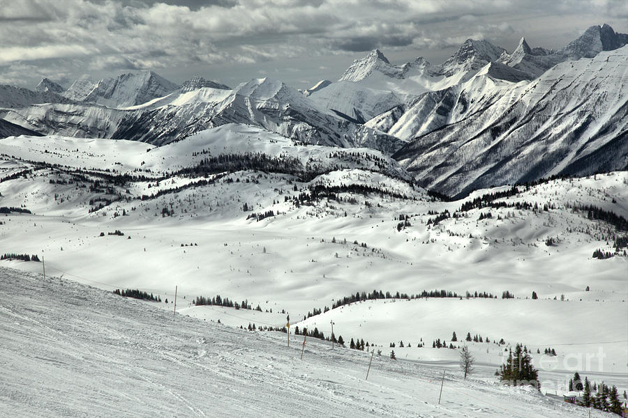 Stormy Skies Over The Sunshine Village Rockies Black And White Photograph by Adam Jewell