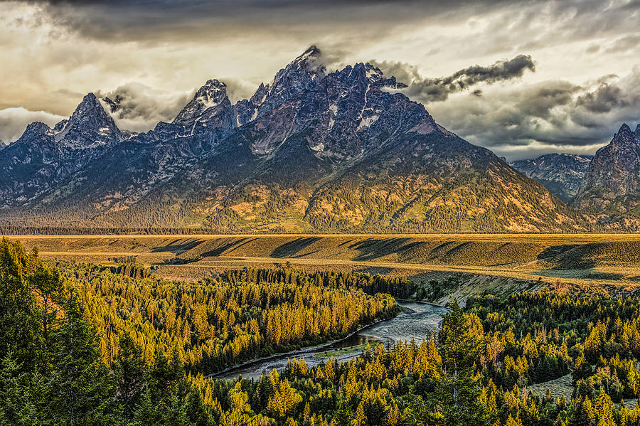 Stormy Sunrise over the Grand Tetons and Snake River Photograph by Josh Bryant