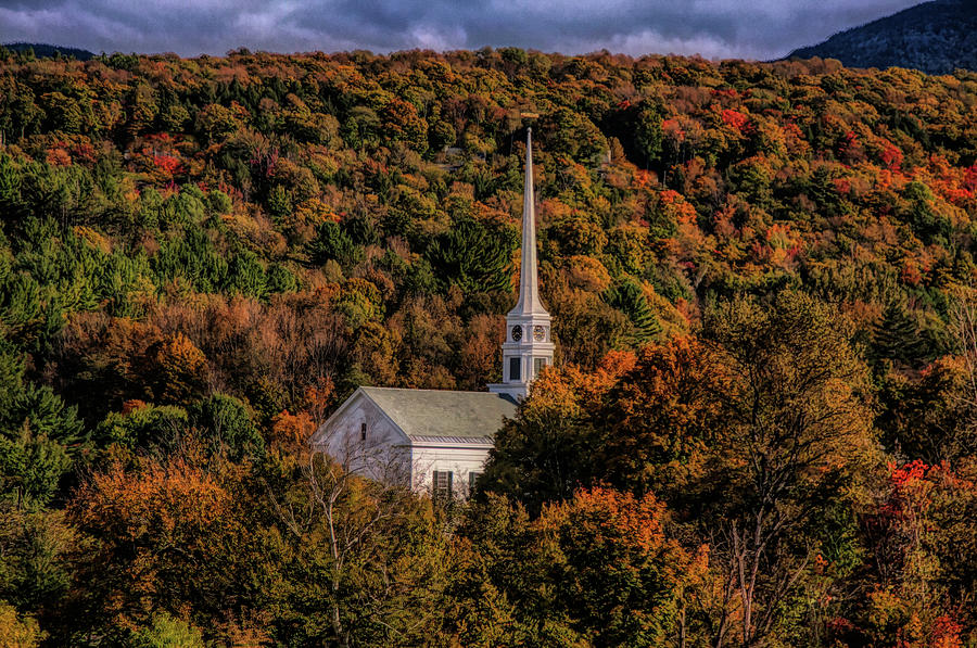 Stowe Church in fall colors Photograph by Jeff Folger