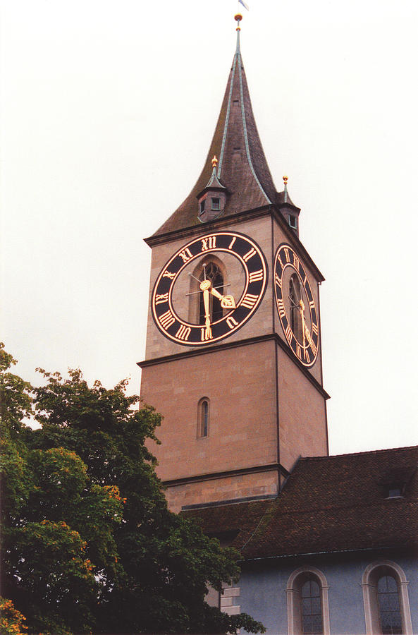 Tree Photograph - St.Peter Church Clock in Zurich Switzerland by Susanne Van Hulst