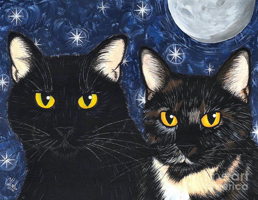 Cat Painting - Strangelings Felines - Black Cat Tortie Cat by Carrie Hawks