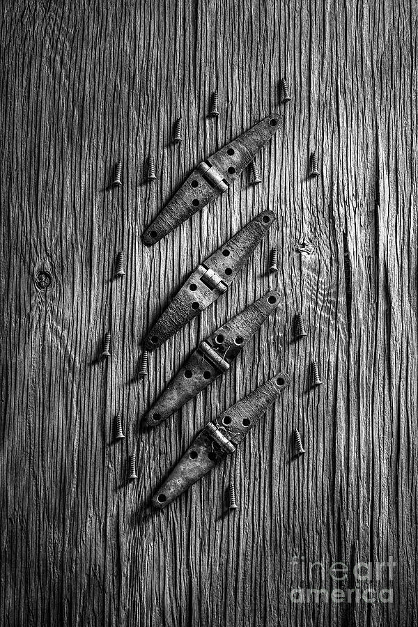 Black And White Photograph - Strap Hinges and Screws by YoPedro