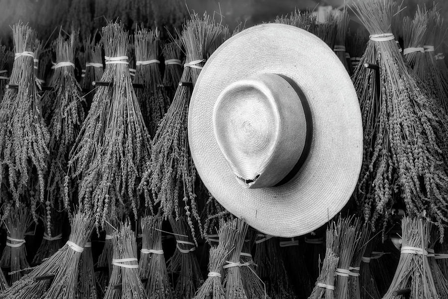 Straw Hat and French Lavender Bunches BW Photograph by Susan Candelario