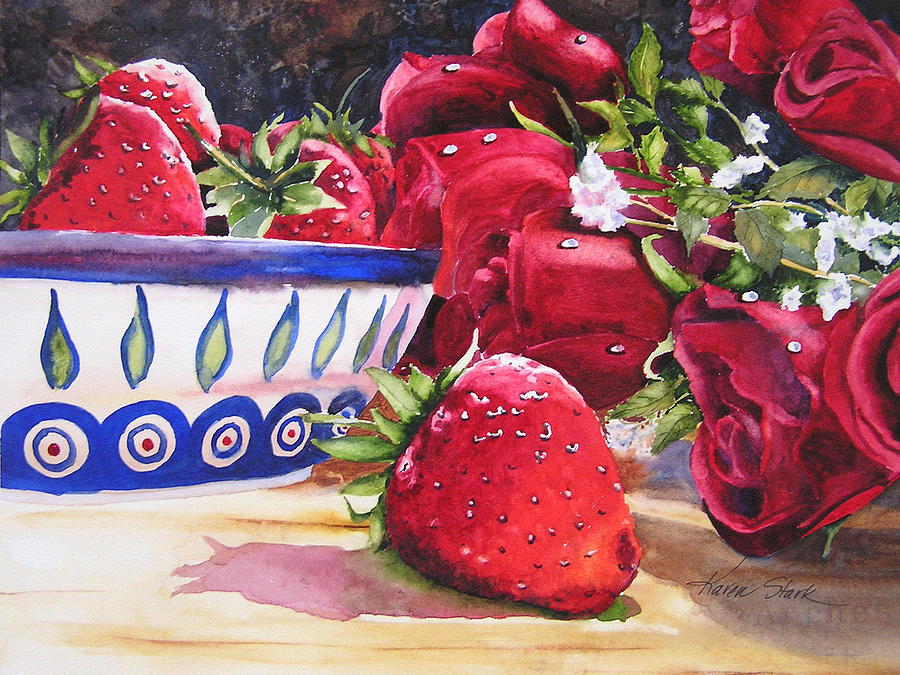 Strawberry Painting - Strawberries and Roses by Karen Stark
