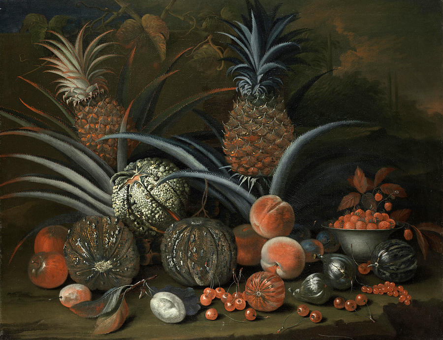 Strawberries in a porcelain bowl with pineapples melons peaches and figs before a tropical landscape Painting by George William Sartorius