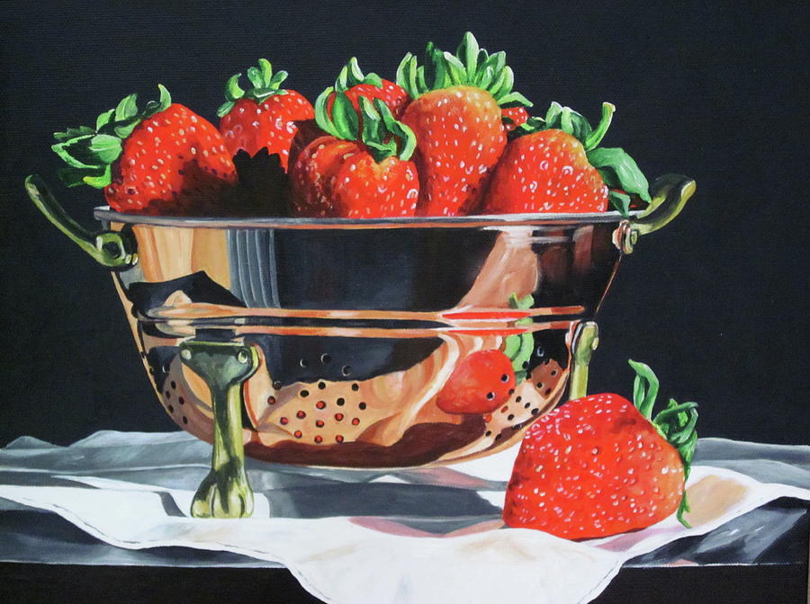 Still Life Painting - Strawberries in copper colander by Lillian  Bell