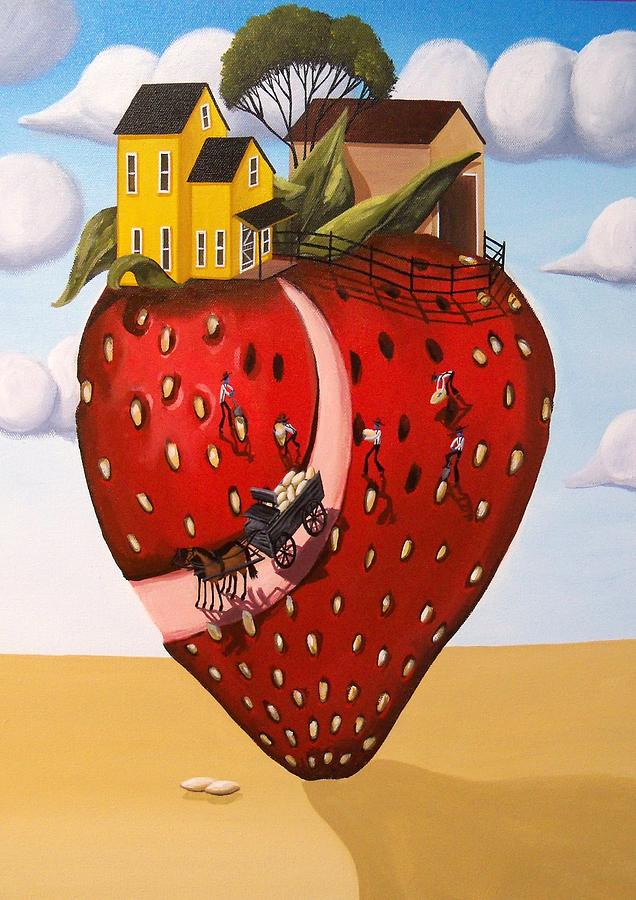 Strawberry Fields - surreal farm landscape Painting by Debbie Criswell