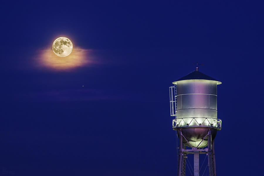 Strawberry Moon and Oregon Tin-Man Water Tower with cameo by Saturn Photograph by Peter Herman
