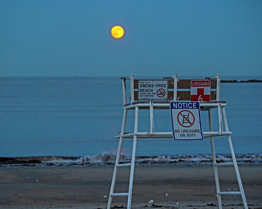 Strawberry Moon over the Graves Lighthouse Boston MA Revere Beach Red Lifeguard Chair Photograph by Toby McGuire