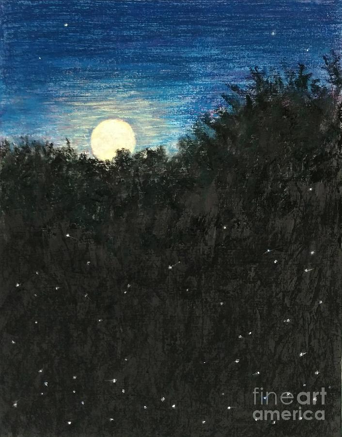Strawberry Moon Rising with Fireflies Pastel by Jymme Golden