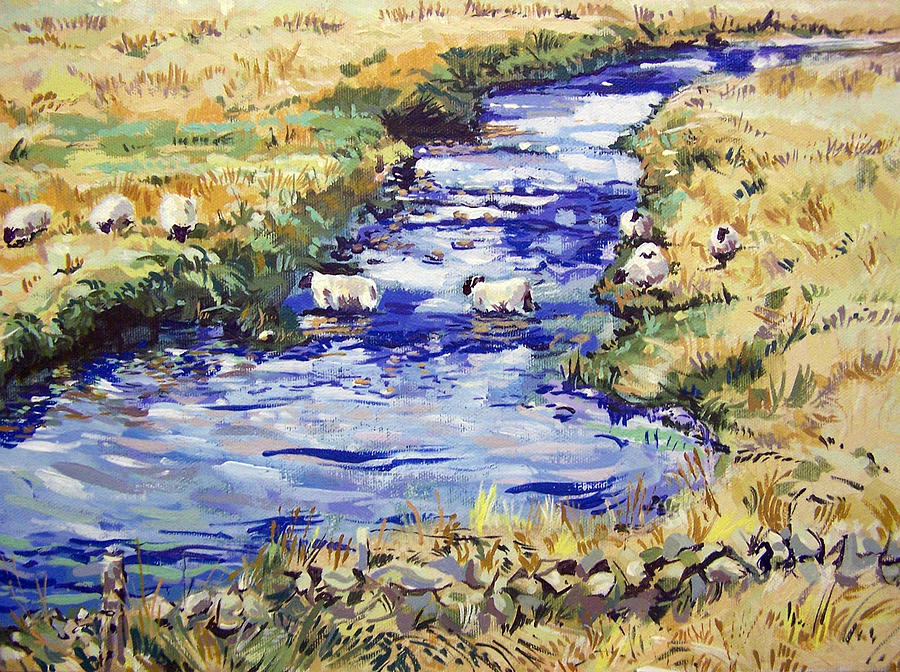 Landscape Painting - Sheep Crossing The Cross Water of Luce near Glenwhilly by Ian Mackenzie