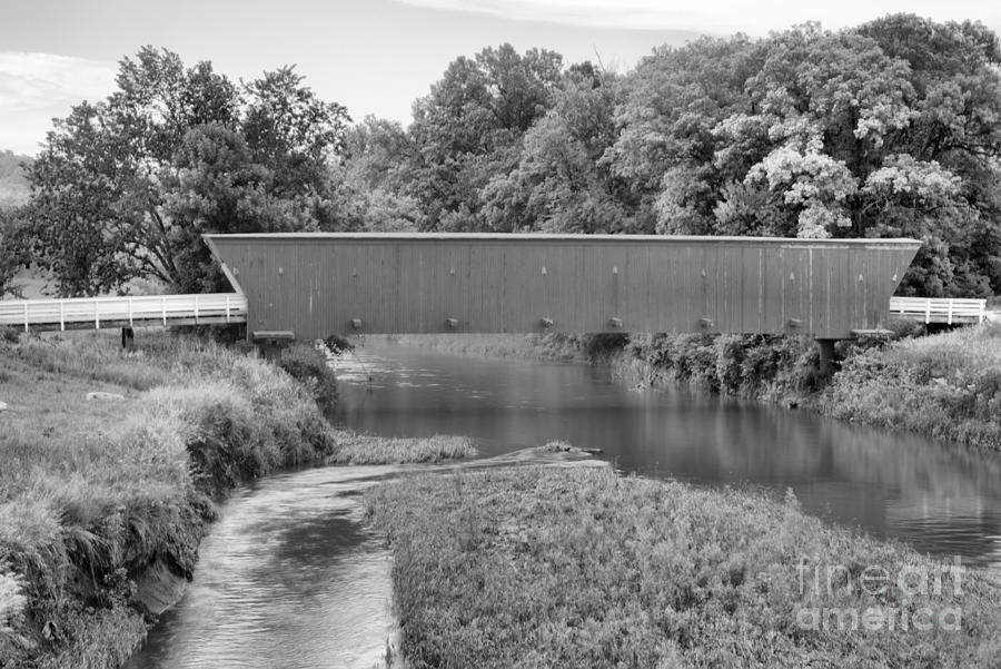 Streams Under The Hogback Covered Bridge Black And White Photograph by Adam Jewell