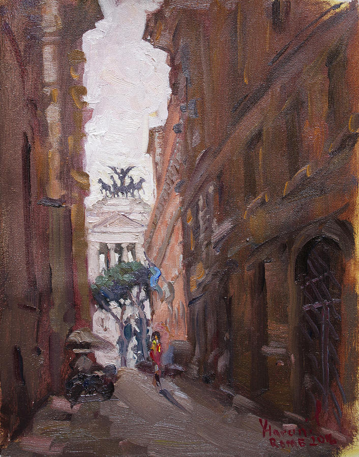 Street at Piazza Venezia Rome Painting by Ylli Haruni