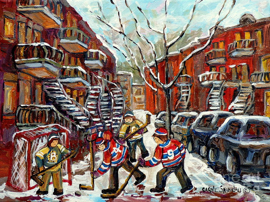 Street Hockey Canadian Winter Scene C Spandau Paints Montreal Winding Staircases Plateau Verdun Psc  Painting by Carole Spandau