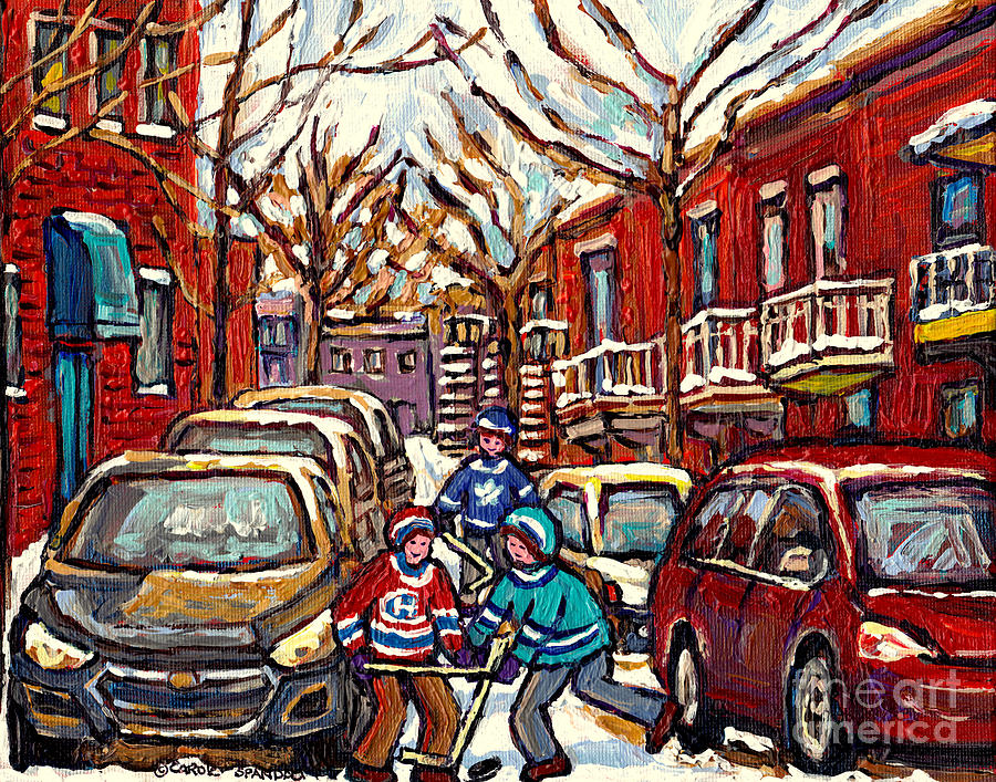 Street Hockey Art Montreal Scene Kids Enjoy Winter Snow Christmas In The City Canadian Art C Spandau Painting by Carole Spandau