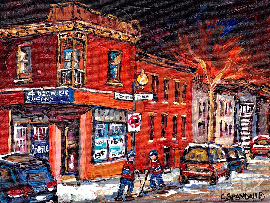 City Scene Painting - Street Hockey Night Scene Painting 4 Saisons Depanneur Rue St Dominique And Pine Montreal Scene Art by Carole Spandau