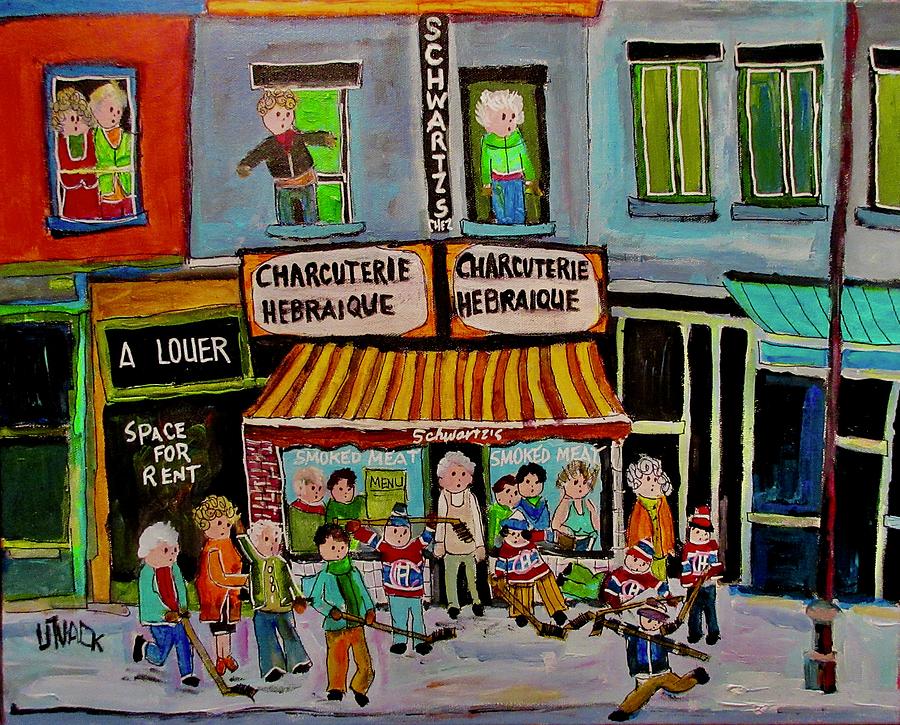 Street Hockey on the Main Schwartzs Painting by Michael Litvack