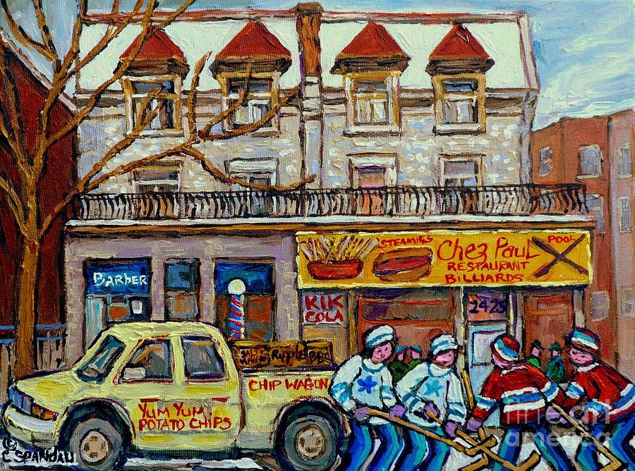 Street Hockey Pointe St Charles Winter  Hockey Scene Pauls Restaurant Quebec Art Carole Spandau     Painting by Carole Spandau