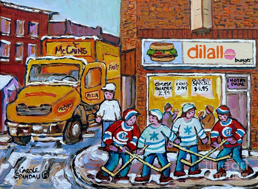 Street Hockey St Henri Dilallo Burger And Mccains Truck Canadian Art Carole Spandau                Painting by Carole Spandau