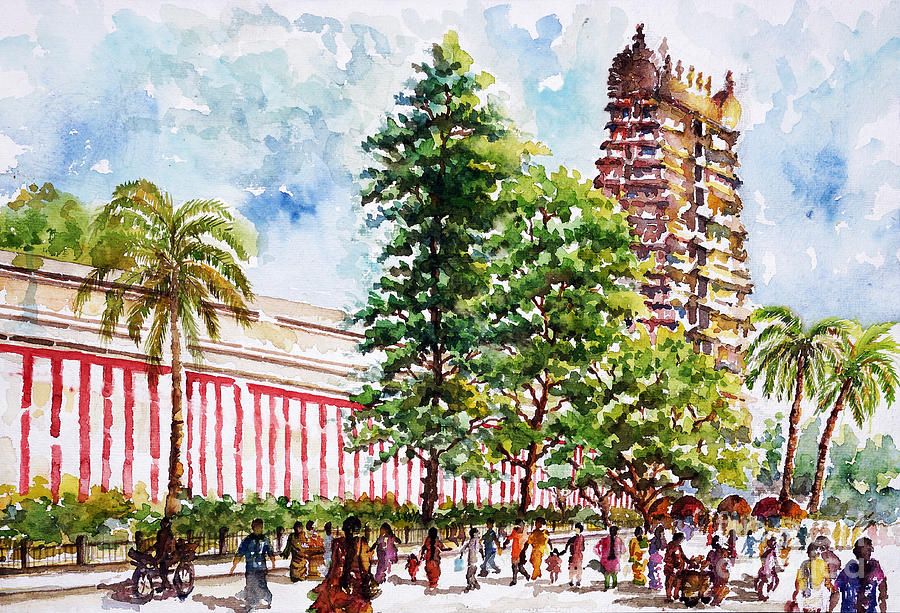 Street life outside the temple Painting by Aparna Pottabathni