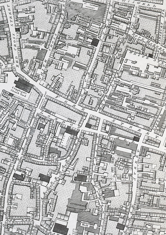 London Drawing - Street map of London around Guildhall by Richard Horwood