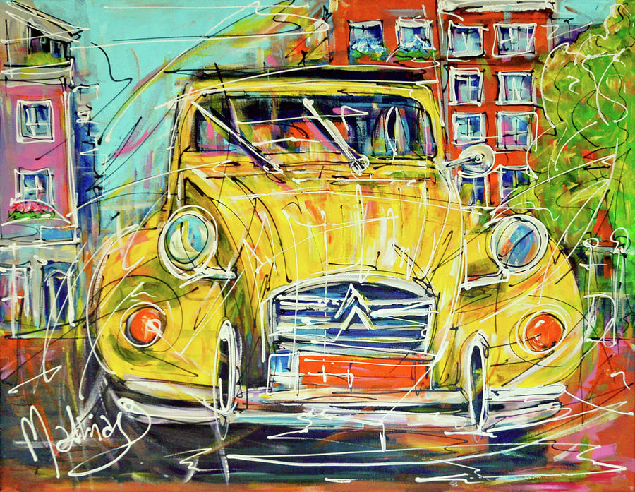 Street Of Amsterdam Yellow 2cv Portrait Painting By Mathias Kleien Atelier Online