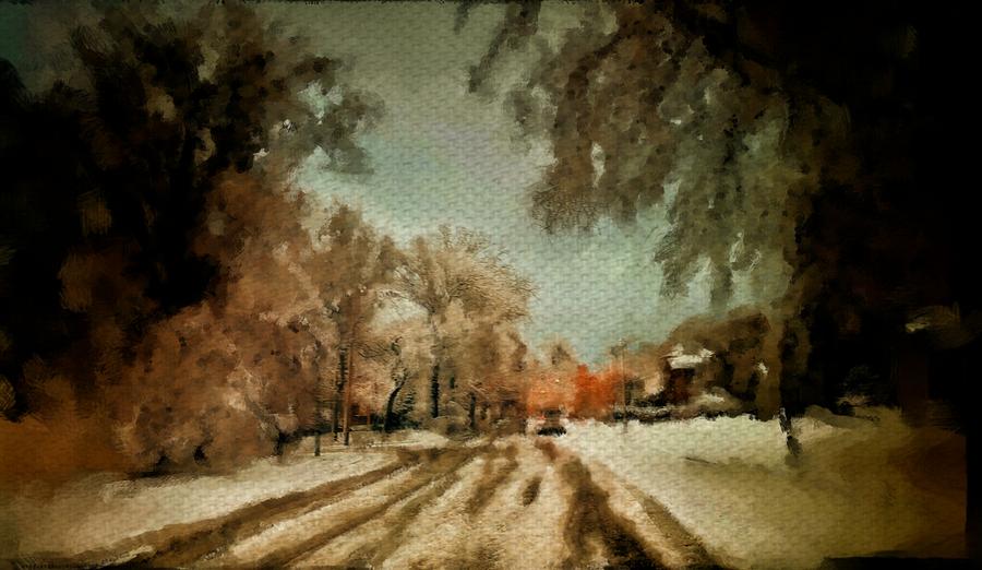 Street scene winter isolation snow tracks cold trees beautiful Christmas Painting by MendyZ  