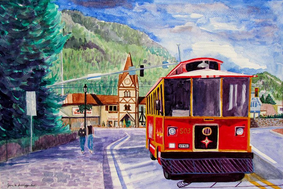 Leavenworth Painting - Streetcar in Leavenworth WA Bavarian Village Watercolor by Jane Schleppenbach