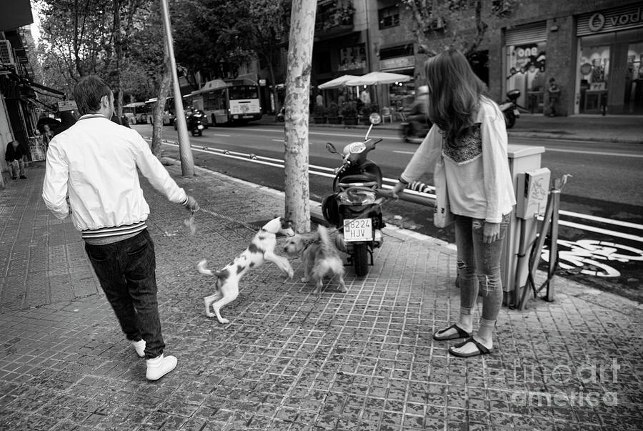 Streets of Barcelona 2 dog, 2 people  Photograph by Chuck Kuhn