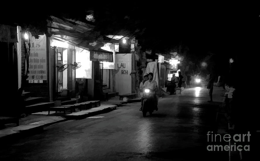 Streets of Hanoi Night BW Photograph by Chuck Kuhn