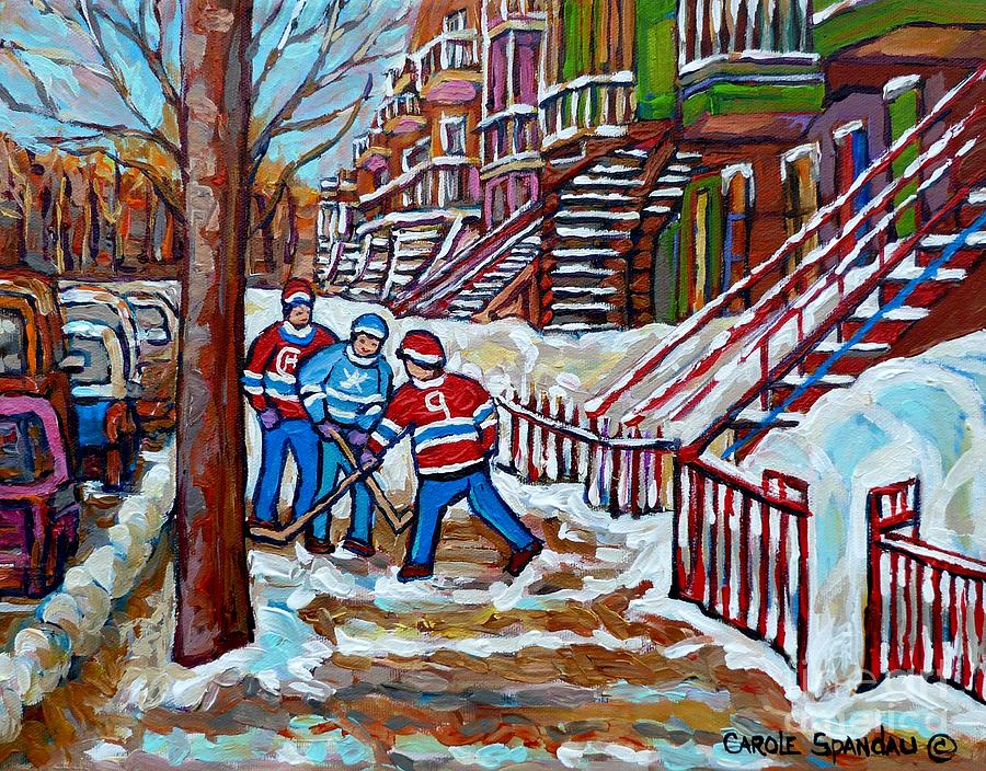 Streets Of Montreal Hometown Hockey Game Wintry Winding Staircases Canadian Art Carole Spandau       Painting by Carole Spandau