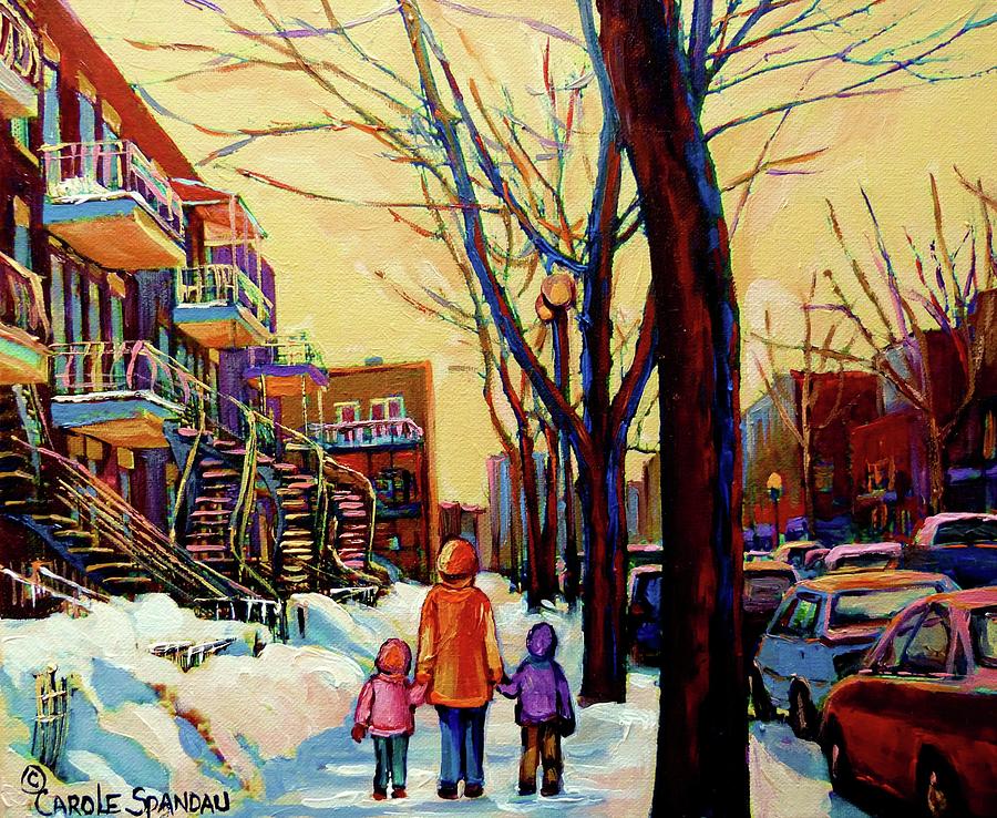 Streets Of Montreal Rue Debullion  Winter In The Plateau Painting by Carole Spandau