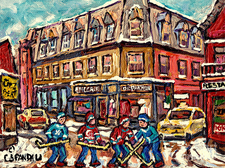 Streets Of Montreal Verdun Depanneur Winter Scene Paintings Canadian Hockey Art Carole Spandau Painting by Carole Spandau