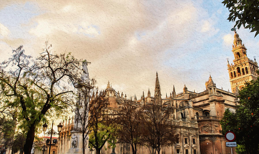 Streets of Seville, Giralda - 04 Painting by AM FineArtPrints