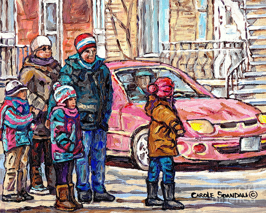 Streets Of Verdun Beautiful Winter Afternoon Family Stroll Canadian Painting Carole Spandau Artist   Painting by Carole Spandau