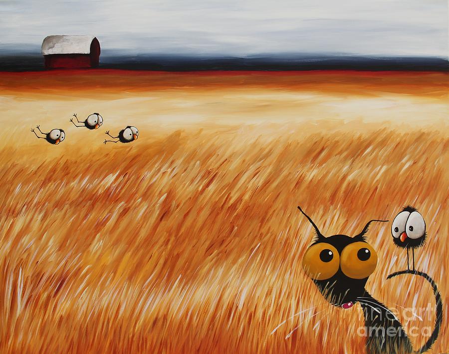 Stressie Cat and crows in the hay fields Painting by Lucia Stewart