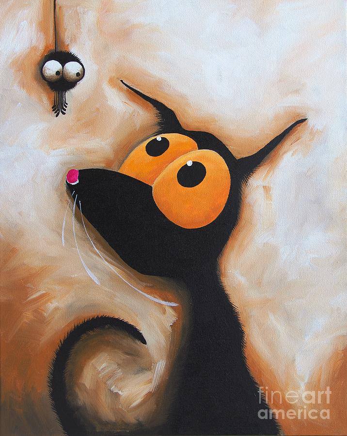 Spider Painting - Stressie Cat and the tiny spider by Lucia Stewart