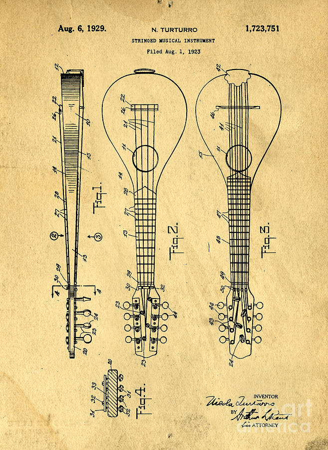Stringed Musicial Instrument Patent Art Blueprint Drawing Digital Art by Edward Fielding