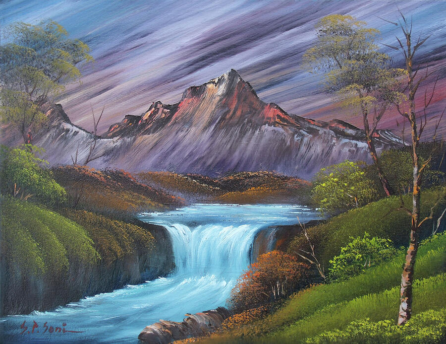 Bob Ross, Bob Ross Authentic Original Waterfall Oil Painting Contemporary  Art (1970-2010)