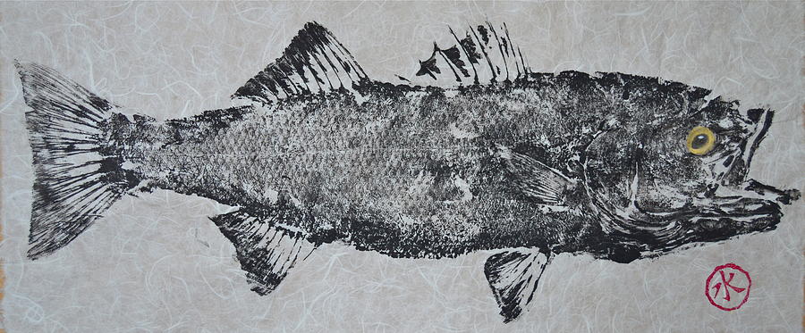Striped Bass on Bright White Thai Unryu / Mulberry Paper Mixed Media by Jeffrey Canha