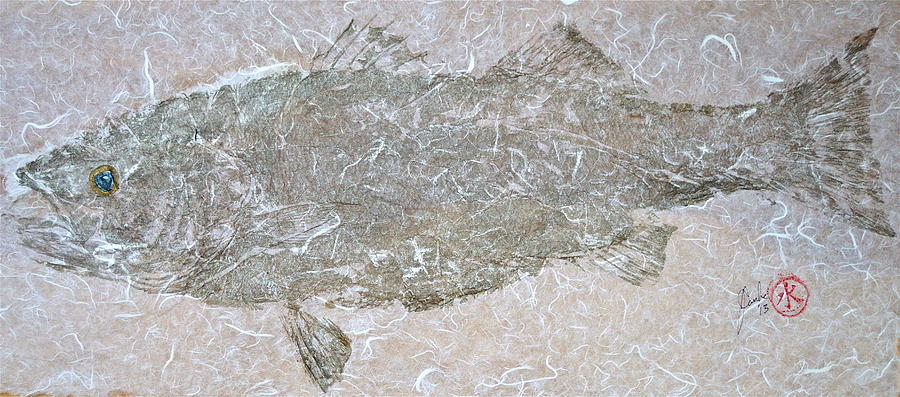 Striped Bass on White Thai Unryu  Mixed Media by Jeffrey Canha