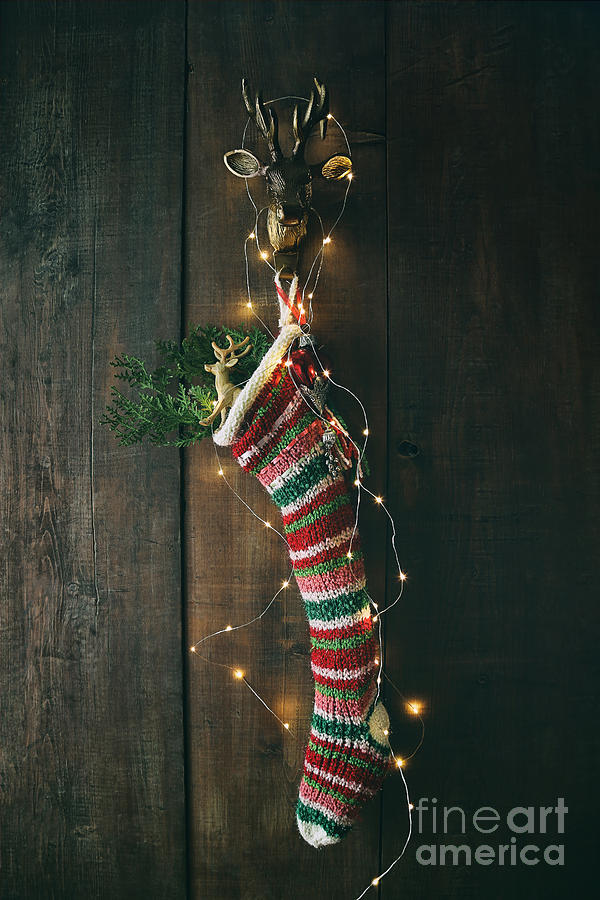 Striped wool stocking with sparkling lights Photograph by Sandra Cunningham