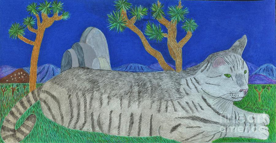 Stripey Cat At Joshua Tree Drawing by Julia Hanna