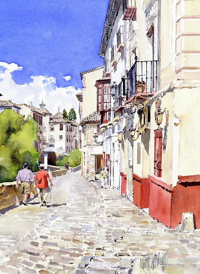 Strolling alongside the River Darro in Granada Painting by Margaret Merry